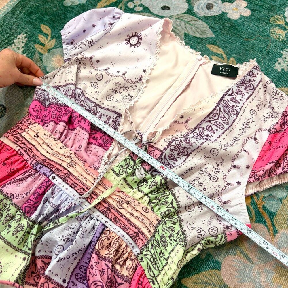 VICI Spring Days Abstract Colorblock Mini Dress Pink Patchwork Ruffle Medium m - Picture 13 of 16
